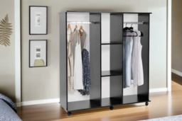Contemporary Black Mobile Bedroom Wardrobe - E1 Chipboard, Aluminium, 2 Hanging Rails, 3-Tier Storage, Easy-Glide Wheels - thumbnail 1