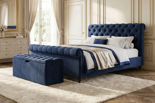 Plush Chesterfield Sleigh Bed & Memory Sprung Mattress With Optional Ottoman Storage - image 1