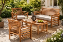 Acacia Wood 4-Seater Modern Garden Lounge Set - Weather-Resistant Outdoor Sofa & Coffee Table - thumbnail 1