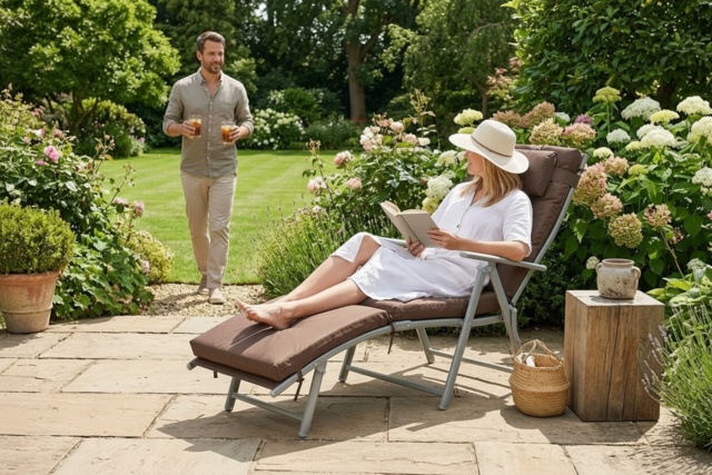 Steel Frame Reclining Sun Lounger with Pillow - Weather-Resistant, Foldable, 165kg Capacity, Brown - image 1