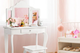 Charming Wooden Kids Vanity Table and Stool Set-Detachable Mirror for Versatility - thumbnail 8