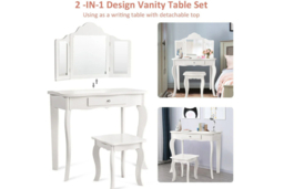 Charming Wooden Kids Vanity Table and Stool Set-Detachable Mirror for Versatility - thumbnail 7