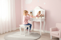 Charming Wooden Kids Vanity Table and Stool Set-Detachable Mirror for Versatility - thumbnail 6