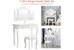 Charming Wooden Kids Vanity Table and Stool Set-Detachable Mirror for Versatility - thumbnail 3