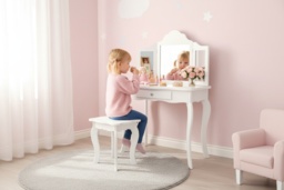 Charming Wooden Kids Vanity Table and Stool Set-Detachable Mirror for Versatility - thumbnail 2