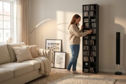 Tall Narrow Wooden CD/DVD Storage Tower - Slim Space-Saving Media Shelf, 204 Disc Capacity - thumbnail 2