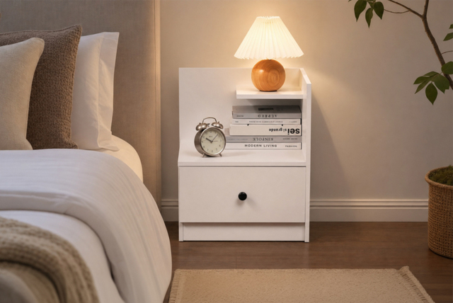 Wooden Nightstand with Drawer and Two Shelves - 2 Colours - image 1