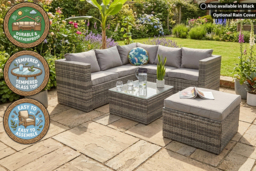 CLEARANCE! 6-Seater Modular Rattan Garden Sofa Set - Black or Grey, Cushions Included - thumbnail 2
