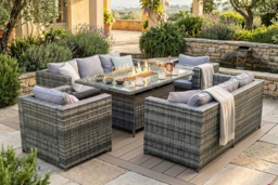 Vancouver 8-Seater Rattan Garden Sofa Set with Fire Pit & Optional Cover - Grey - thumbnail 5