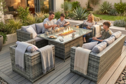 Vancouver 8-Seater Rattan Garden Sofa Set with Fire Pit & Optional Cover - Grey - thumbnail 2