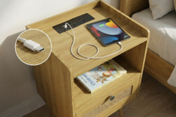 Set of 2 Bedside Tables with Rattan Accent Drawer, Charging Station & Storage Shelf - thumbnail 2