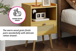 Set of 2 Bedside Tables with Rattan Accent Drawer, Charging Station & Storage Shelf - thumbnail 4