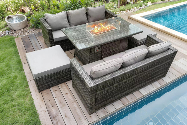 8-Seater Weather-Resistant Rattan Dining Set with Fire Pit Table - Modern Garden Furniture Suite - image 1