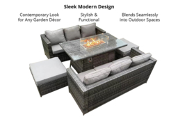 8-Seater Weather-Resistant Rattan Dining Set with Fire Pit Table - Modern Garden Furniture Suite - thumbnail 4