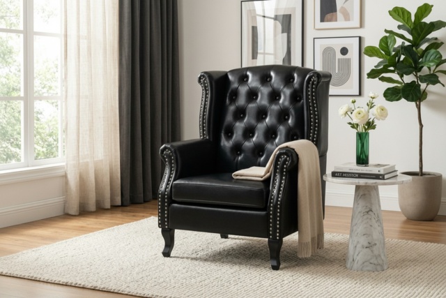 Chesterfield Style Black PU Leather Wingback Armchair - Traditional Sofa Accent, 1-Seater - image 1