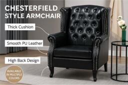 Chesterfield Style Black PU Leather Wingback Armchair - Traditional Sofa Accent, 1-Seater - thumbnail 2