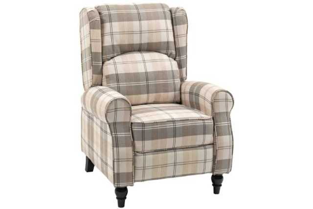 Khaki Checked Linen Recliner Armchair - Padded, Adjustable, Modern Lounge Chair, 135kg Capacity - image 1