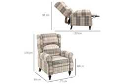 Khaki Checked Linen Recliner Armchair - Padded, Adjustable, Modern Lounge Chair, 135kg Capacity - thumbnail 3