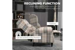 Khaki Checked Linen Recliner Armchair - Padded, Adjustable, Modern Lounge Chair, 135kg Capacity - thumbnail 4