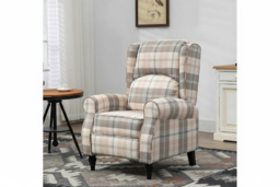 Khaki Checked Linen Recliner Armchair - Padded, Adjustable, Modern Lounge Chair, 135kg Capacity - thumbnail 6
