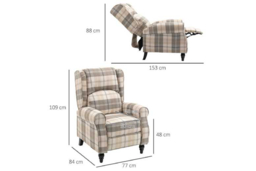 Khaki Checked Linen Recliner Armchair - Padded, Adjustable, Modern Lounge Chair, 135kg Capacity - thumbnail 7