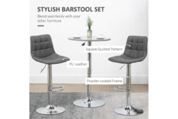 Faux Leather Adjustable Bar Stools - Set of 2, Grey, Modern Quilted, Swivel Steel Frame - thumbnail 7