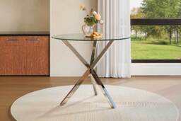 Contemporary Round Tempered Glass Dining Table with Stylish Chrome Base - thumbnail 2