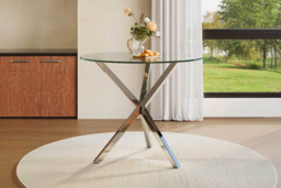 Contemporary Round Tempered Glass Dining Table with Stylish Chrome Base - thumbnail 6
