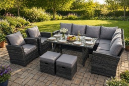 Dark Grey Rattan 10-Seater High-Back Corner Dining Set - Weather-Resistant Garden Furniture - thumbnail 1