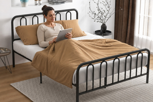 King Size Metal Bed Frame with Storage Headboard and Charging Ports - image 1