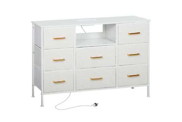 Boucle Fabric 8-Drawer Modular Storage Chest with USB/AC Charging - Cream White, Modern Bedroom Dresser - image 1
