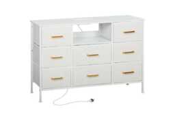 Boucle Fabric 8-Drawer Modular Storage Chest with USB/AC Charging - Cream White, Modern Bedroom Dresser - thumbnail 1