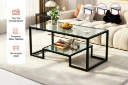 2-Tier Modern Coffee Table with Glass Top, Wood Shelf, and Metal Frame - thumbnail 2