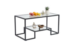 2-Tier Modern Coffee Table with Glass Top, Wood Shelf, and Metal Frame