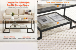2-Tier Modern Coffee Table with Glass Top, Wood Shelf, and Metal Frame - thumbnail 3