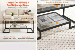2-Tier Modern Coffee Table with Glass Top, Wood Shelf, and Metal Frame - thumbnail 7
