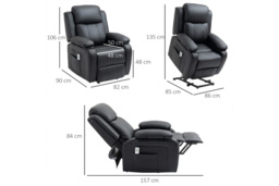 HOMCOM Black Faux Leather Power Lift Recliner Sofa Chair - Modern 1-Seater Massage Armchair - thumbnail 3