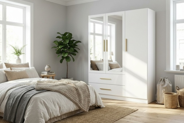 Contemporary High Gloss 3 Door Wardrobe with Mirror, Storage Drawers & Shelves - Modern Bedroom Furniture, 116cm Wide - image 1