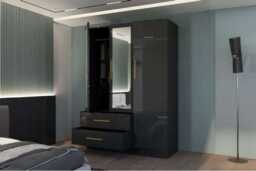 Contemporary High Gloss 3 Door Wardrobe with Mirror, Storage Drawers & Shelves - Modern Bedroom Furniture, 116cm Wide - thumbnail 2