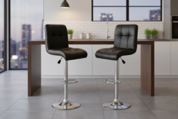Pair of Black Faux Leather Adjustable Swivel Bar Stools - Modern Breakfast Seating - thumbnail 2