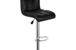 Pair of Black Faux Leather Adjustable Swivel Bar Stools - Modern Breakfast Seating - thumbnail 1