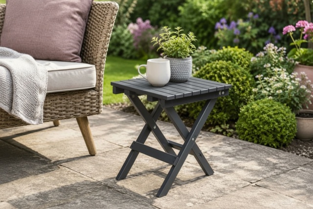 HDPE Folding Garden Side Table - Weather-Resistant, Portable, Modern Grey - image 1