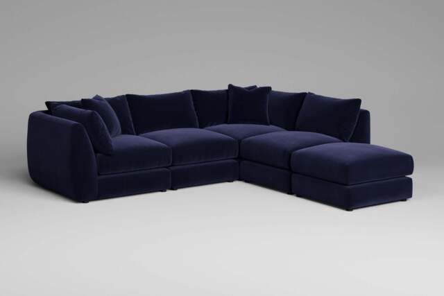 Utopia - 4 Piece Open End with Footstool - Rearrangeable Modular Sofa, Soft Touch Velvet / Midnight Blue / Tailored Trim