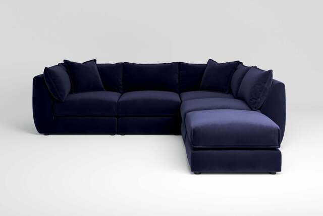 Utopia - 4 Piece Open End with Footstool - Rearrangeable Modular Sofa, Soft Touch Velvet / Midnight Blue / Casual Trim