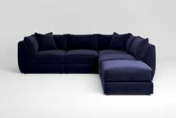 Utopia - 4 Piece Open End with Footstool - Rearrangeable Modular Sofa, Soft Touch Velvet / Midnight Blue / Casual Trim