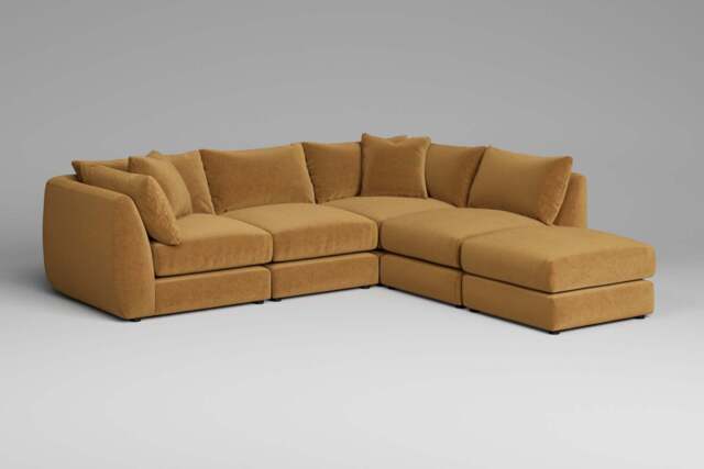 Utopia - 4 Piece Open End with Footstool - Rearrangeable Modular Sofa, Luxe Woven Velvet / Old Gold / Tailored Trim