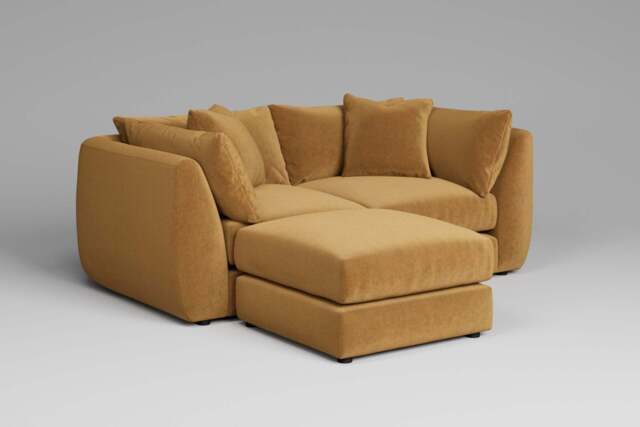 Utopia - 2 Piece with Footstool - Rearrangeable Modular Sofa, Luxe Woven Velvet / Old Gold / Tailored Trim