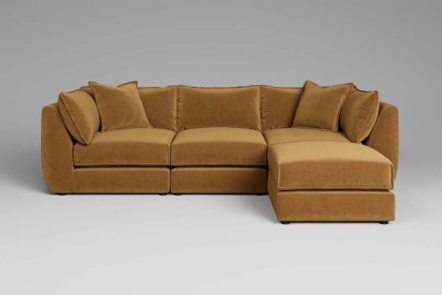 Utopia - 3 Piece with Footstool - Rearrangeable Modular Sofa, Luxe Woven Velvet / Old Gold / Casual Trim