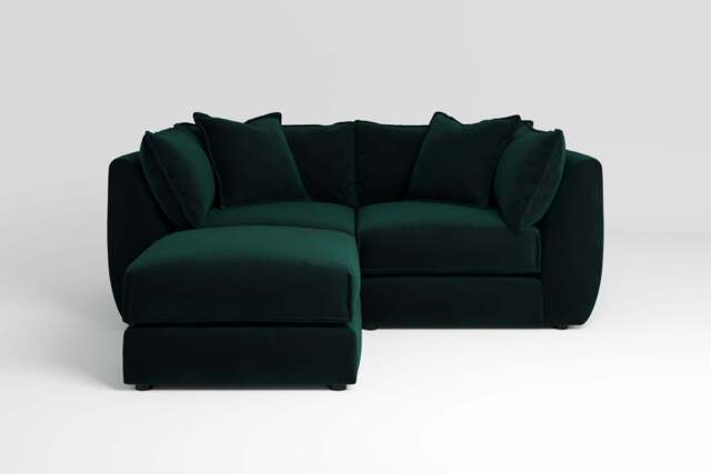 Utopia - 2 Piece with Footstool - Rearrangeable Modular Sofa, Soft Touch Velvet / Bottle Green / Casual Trim