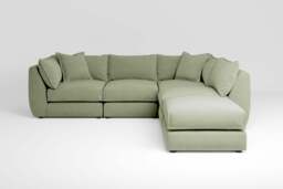 Utopia - 4 Piece Open End with Footstool - Rearrangeable Modular Sofa, Brushed Wool Feel / Sage / Casual Trim